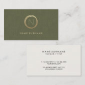 Modernes Olivgrün-elegantes Goldleinenmonogramm Visitenkarte (Vorne/Hinten)