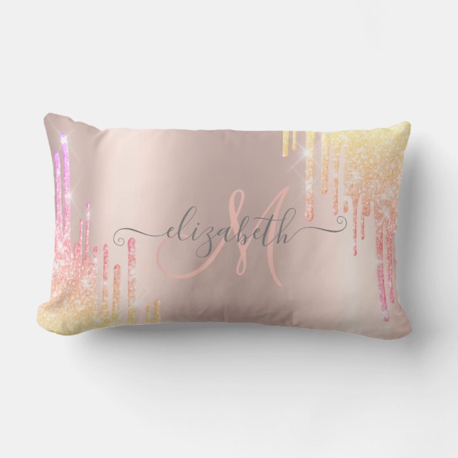 Modernes Ombre Glitzer Tropfen Rose Gold Monogram Lendenkissen (Vorderseite)