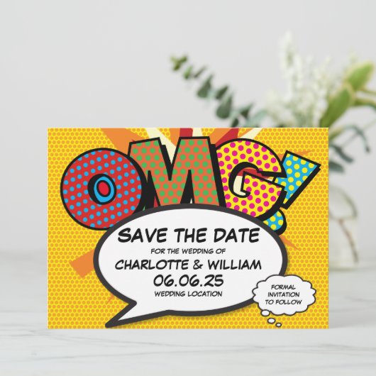 Modernes OMG Fun Comic Book Wedding Save the Date (Stehend Vorderseite)