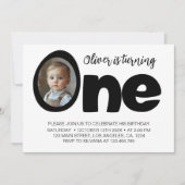 Modernes One Black and White Birthday Foto laden e Dankeskarte (Vorderseite)