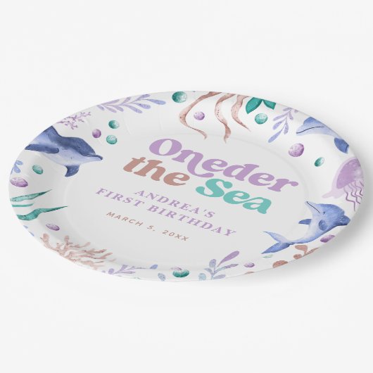 Modernes Onethe Sea Dolphin Retro Erster Geburtsta Pappteller (Schrägansicht)