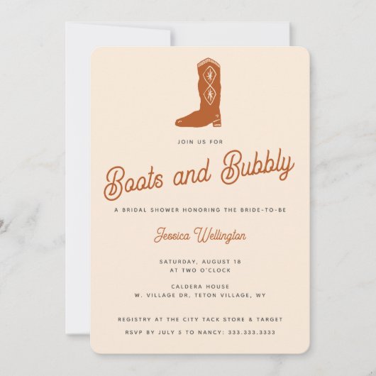 Modernes Orange Cowgirl Stiefel Bubbly Brautparty Einladung (Vorderseite)