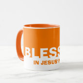 Modernes Orange, das im Namen Jesu Christlich Tasse (Vorderseite Links)