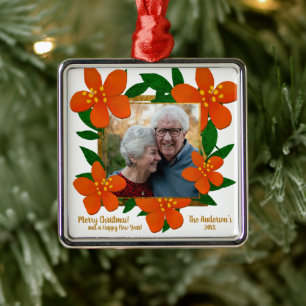 Modernes Orange Gold Foral Frame Foto Weihnachten Ornament Aus Metall