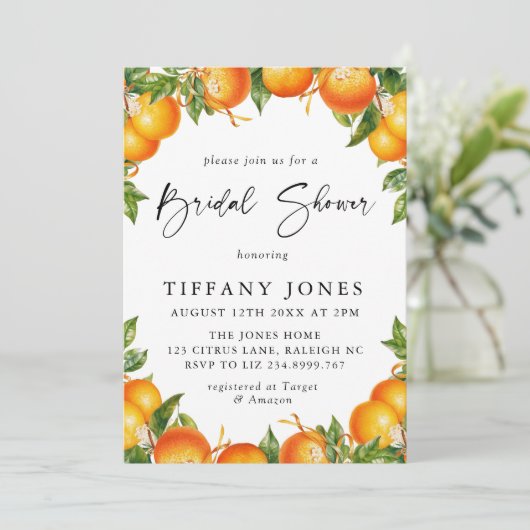 Modernes Orange Lemon Citrus Brautparty Einladung (Stehend Vorderseite)