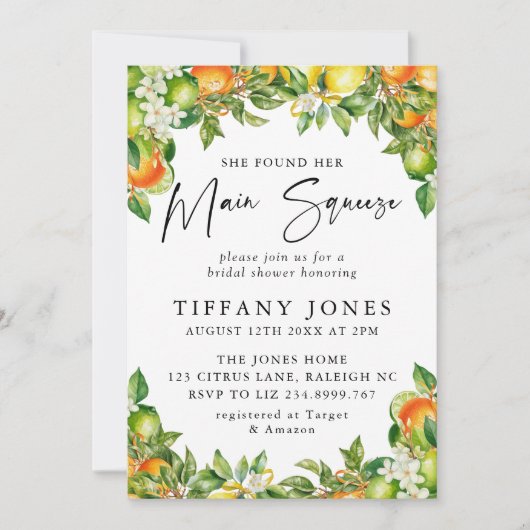 Modernes Orange Lemon Citrus Brautparty Einladung (Vorderseite)