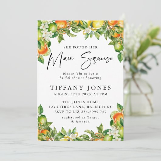 Modernes Orange Lemon Citrus Brautparty Einladung (Stehend Vorderseite)