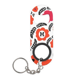 Modernes orange-rotes florales Monogramm Mini Flaschenöffner