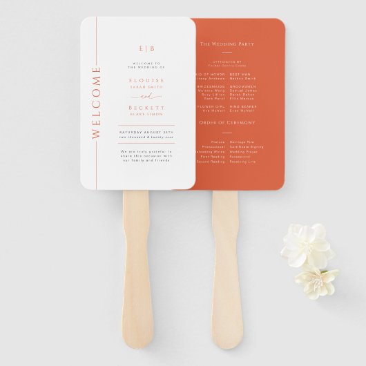 Modernes Orange Typografy Wedding Program Hand Fan Fächer (Vorne und Hinten)