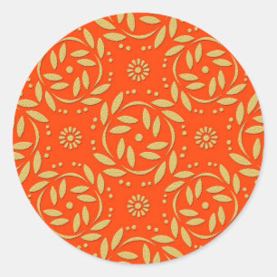 Modernes Orange- und Gold-Floral-Muster Runder Aufkleber