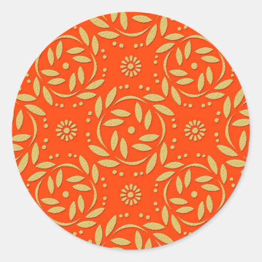 Modernes Orange- und Gold-Floral-Muster Runder Aufkleber (Vorderseite)