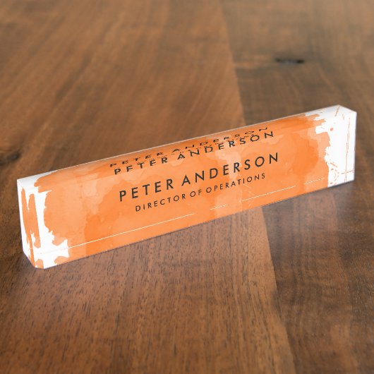 Modernes Orange Watercolor Schreibtisch Namplate Namensplakette (Seite)