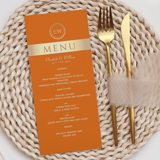 Modernes Orange Wedding Menu Menükarte