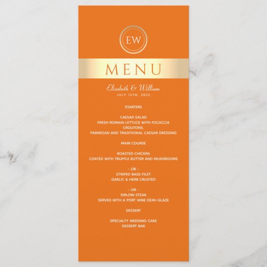 Modernes Orange Wedding Menu Menükarte (Vorderseite)