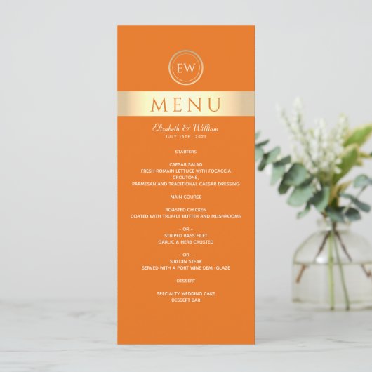 Modernes Orange Wedding Menu Menükarte (Stehend Vorderseite)