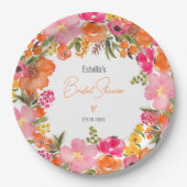 Modernes orangefarbenes Blumenskript-Brautparty Pappteller (Vorderseite)