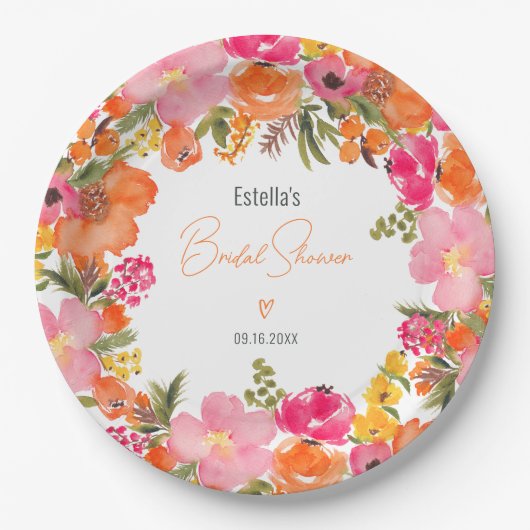 Modernes orangefarbenes Blumenskript-Brautparty Pappteller (Vorderseite)