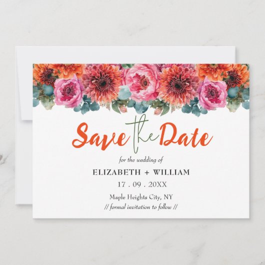 Modernes Orangefarbenes Foto mit Blumenbeete Save The Date (Vorderseite)