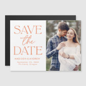 Modernes orangefarbenes Foto Save the Date Magneteinladung (Vorne/Hinten)