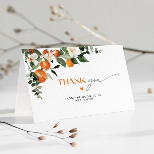 Modernes Orangen-Brautparty zum Thema Zitrusfrücht Dankeskarte
