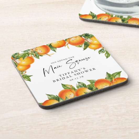 Modernes Orangen Lemon Citrus Brautparty Getränkeuntersetzer (Linke Seite)