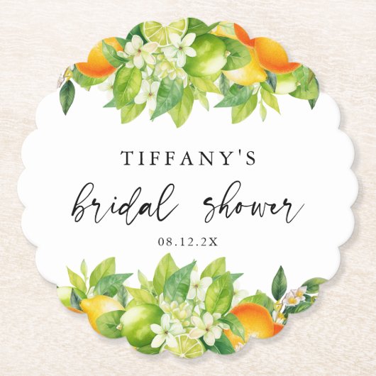 Modernes Orangen Lemon Citrus Brautparty Untersetzer (Vorderseite)