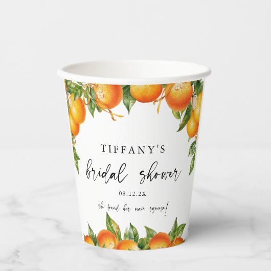 Modernes Orangen Zitrusfrüchte-Brautparty Pappbecher (Vorderseite)