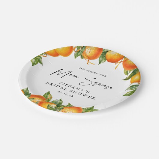 Modernes Orangen Zitrusfrüchte-Brautparty Pappteller (Schrägansicht)