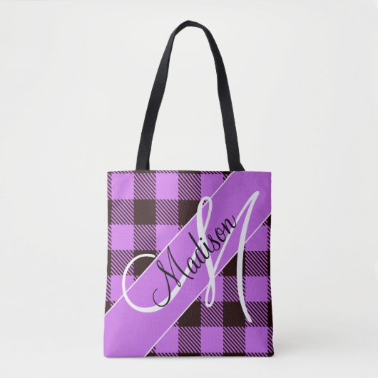 Modernes Orchid Black Kariert Tartan | Name hinzuf Tasche (Vorderseite)