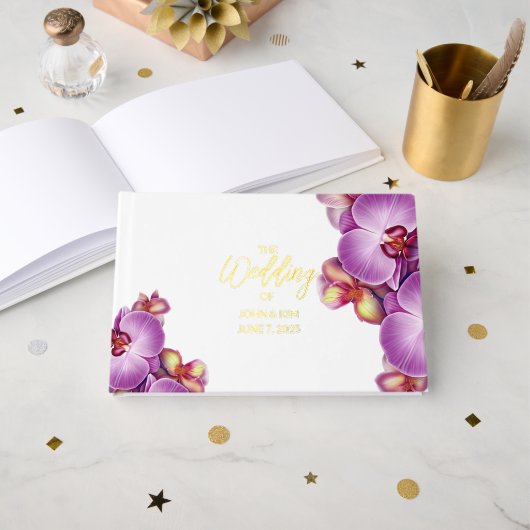 Modernes Orchid Wedding Foil Gästebuch (Vorderseite Offen)
