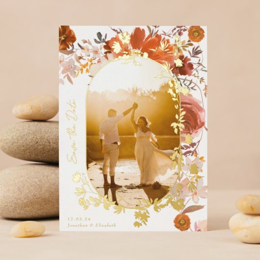 Modernes Oval-Foto mit Blumenmotiv Save the Date G Folieneinladung