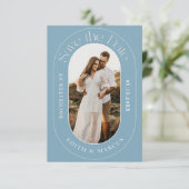 Modernes ovales Foto Save the Date Dusy Blue (Stehend Vorderseite)