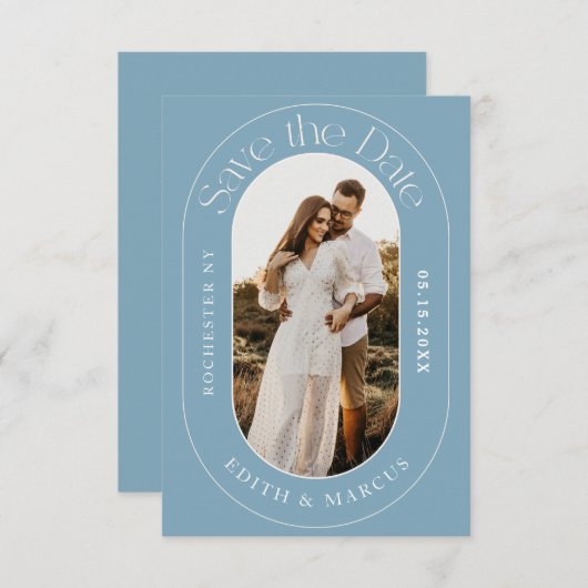 Modernes ovales Foto Save the Date Dusy Blue (Vorne/Hinten)