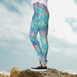 Modernes Ozean Blue Pink Tropical Coral Watercolor Leggings