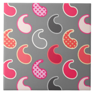 Modernes Paisley Muster, Koralle, Rosa auf Grau /  Fliese
