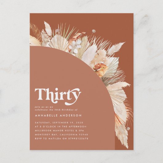 Modernes Pampasgras 30. Geburtstag Terrakotta Postkarte (Vorderseite)