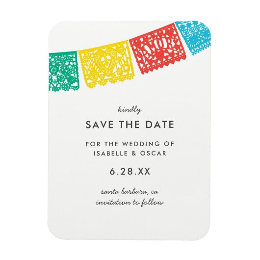 Modernes Papel Picado Wedding rettet das Datum Magnet (Vertikal)
