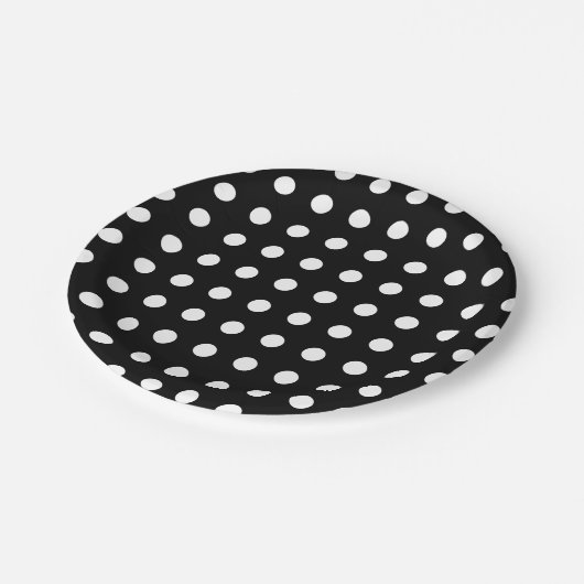 Modernes Party aus schwarz-weißen Polka-Punkten Pappteller (Schrägansicht)