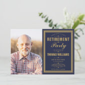 Modernes Party für Altersversorgung Navy Blue und Einladung (Stehend Vorderseite)