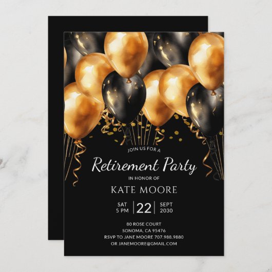 Modernes Party für die Altersvorsorge Gold Black B Einladung (Vorne/Hinten)