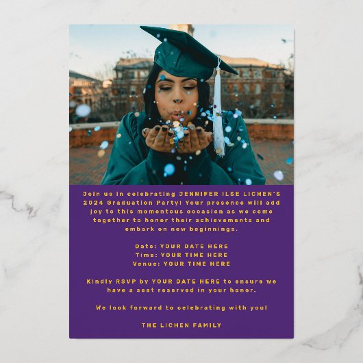 MODERNES PARTY | Gruppe der Lila Gold 2025 Folieneinladung (Rückseite)