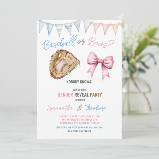 Modernes Party im Baseball- oder Bows-Geschlechter Einladung (Stehend Vorderseite)
