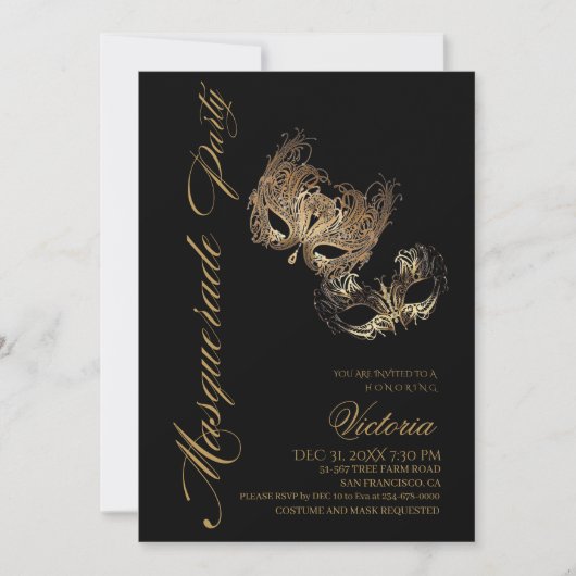Modernes Party mit Gold und Schwarz-Masquerade zum Einladung (Vorderseite)
