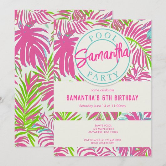 Modernes Party mit tropischem Pool Einladung (Vorne/Hinten)