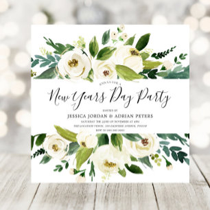 Modernes Party von White Florals Green New Years Einladung