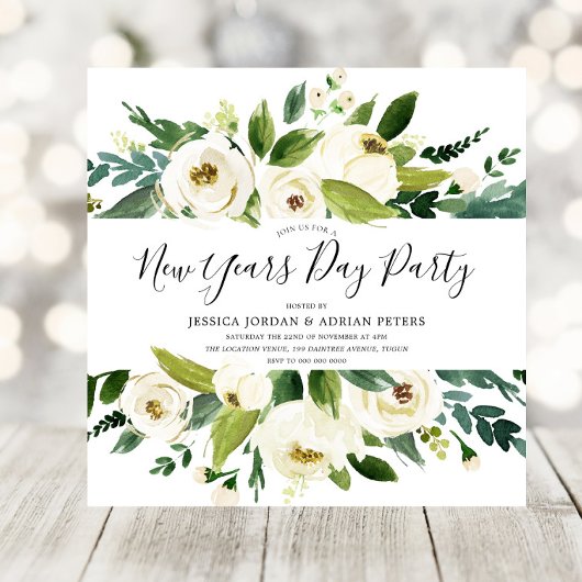Modernes Party von White Florals Green New Years Einladung