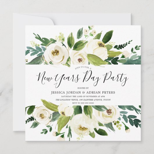 Modernes Party von White Florals Green New Years Einladung (Vorderseite)