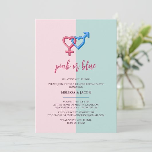 Modernes Party zwischen Rosa und Blauem Geschlecht Einladung (Stehend Vorderseite)