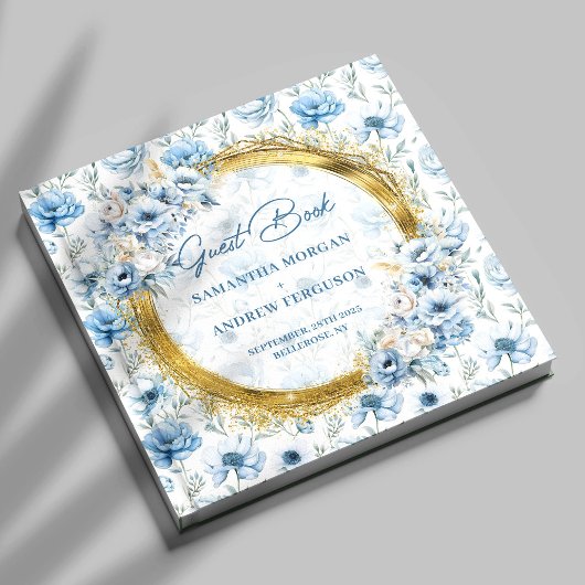 Modernes Pastel Blue Gold Glitzer Wedding Guest Bo Gästebuch
