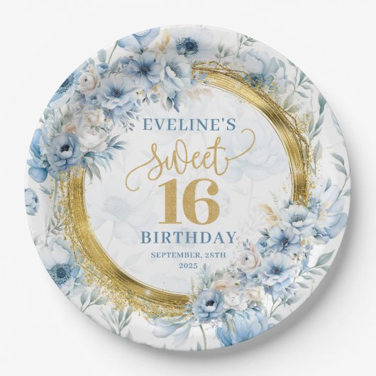 Modernes Pastel Blue Sweet 16 Gold Glitzer Party Pappteller (Vorderseite)